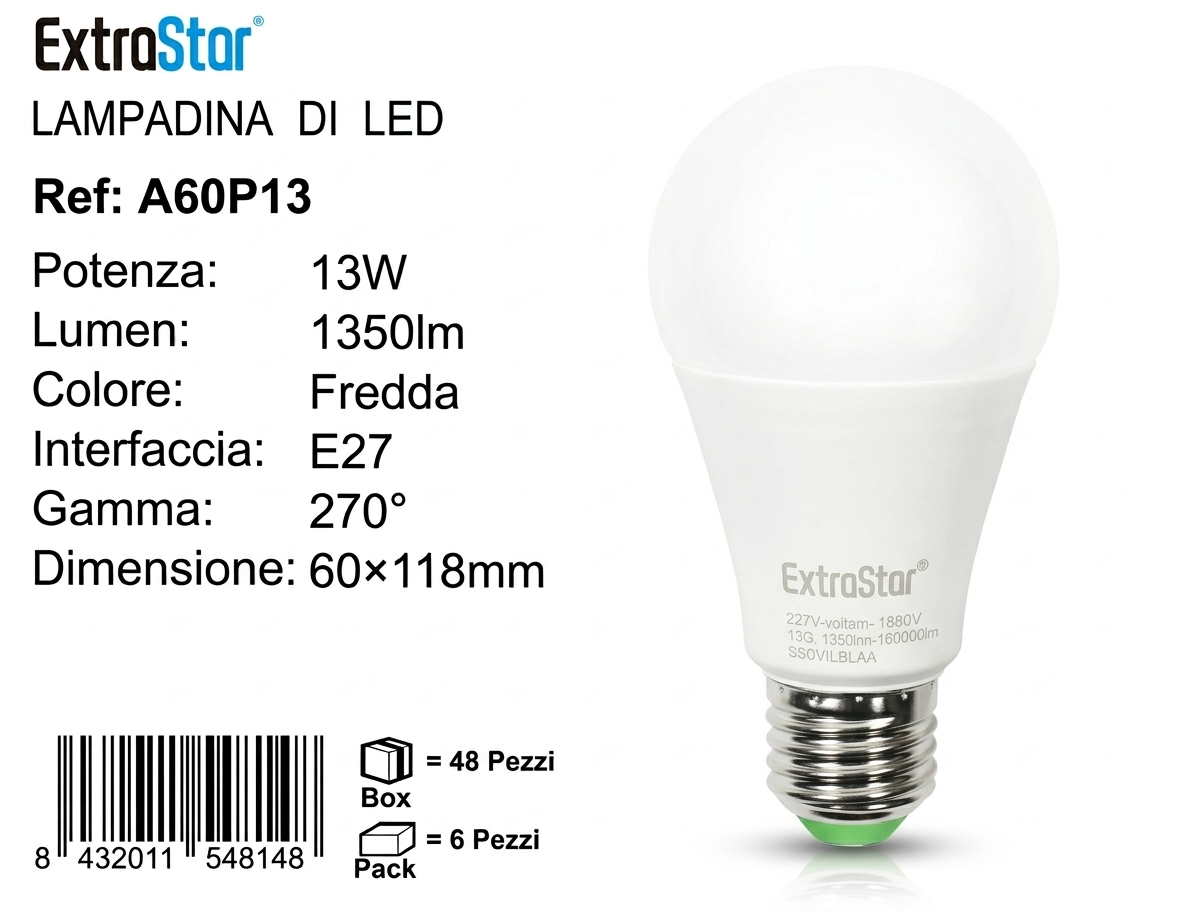 ExtraStar Lampadina LED E27 13W 2pz Luce Fredda 6400K Dimmerabile 270° A60P13 1350lm 60x118mm