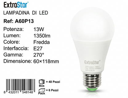ExtraStar Lampadina LED E27 13W 2pz Luce Fredda 6400K Dimmerabile 270° A60P13 1350lm 60x118mm