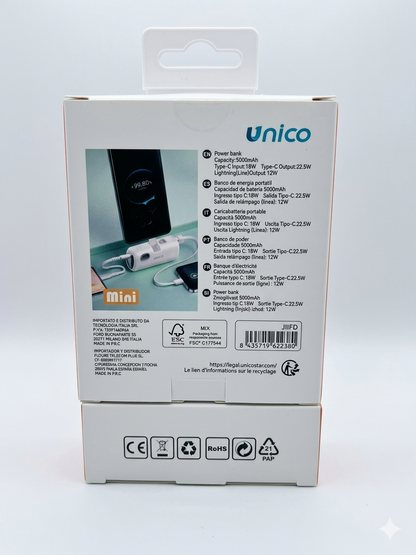 Unico Power Bank Mini 5000mAh 22.5W Carica Veloce Senza Cavi Ingombranti Ideale per Zaino o Borsa Praticità e Convenienza