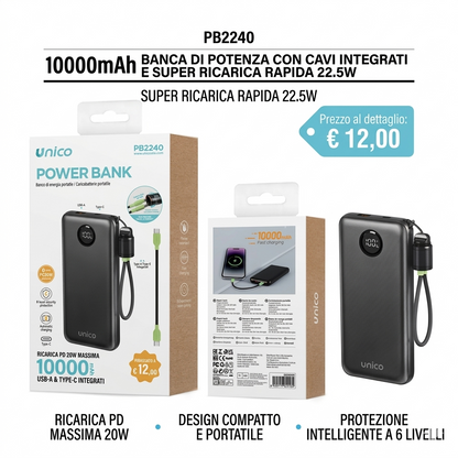 10000mAh Power Bank with Built-in Cables, 22.5W Fast Charging & 20W PD Max, LED Display, Compact and Portable Design, 6-Level Protection, White - SPECIAL OFFER €12.00