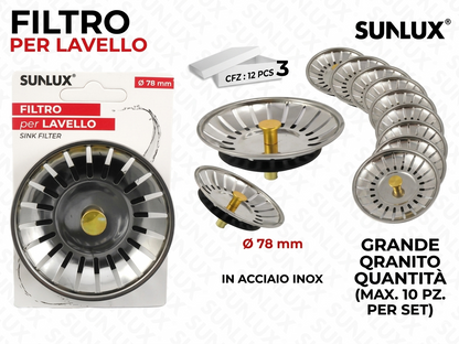 SUNLUX Filtro per Lavello 78mm in Acciaio Inox Grande per cucina