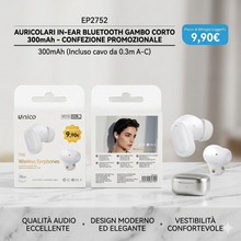 Auricolari In-Ear Bluetooth TWS, Gambo Corto Ergonomico, Batteria 300mAh, Confezione Promozionale con Cavo da 0.3m A-C Incluso, Suono Eccellente, Design Moderno, Bianco - OFFERTA €9,90