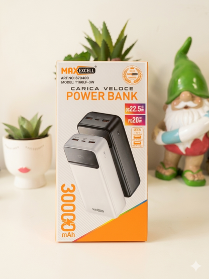 MAX EXCELL Power Bank 30000mAh con 22.5W QC e PD20W Carica Rapida Veloce Alta Capacità Type-C e 2 USB-A Batteria Esterna Portatile