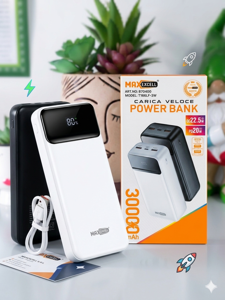 MAX EXCELL Power Bank 30000mAh con 22.5W QC e PD20W Carica Rapida Veloce Alta Capacità Type-C e 2 USB-A Batteria Esterna Portatile