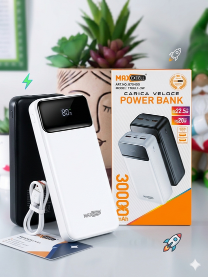 MAX EXCELL Power Bank 30000mAh con 22.5W QC e PD20W Carica Rapida Veloce Alta Capacità Type-C e 2 USB-A Batteria Esterna Portatile