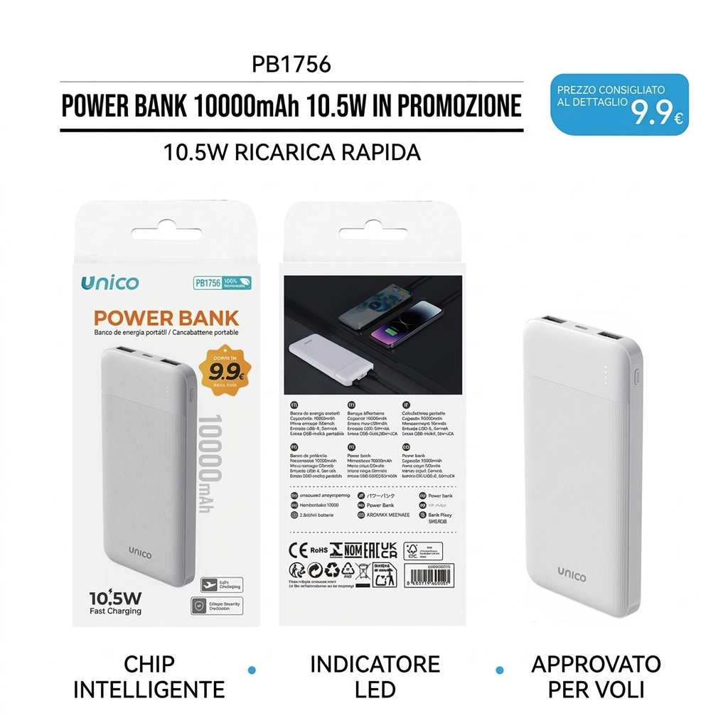 PB1756 Portable Power Bank 10000mAh, 10.5W Charging, LED Display, Smart Chip, Flight Safe, Ultra-Slim Design - PROMOTION €9.90