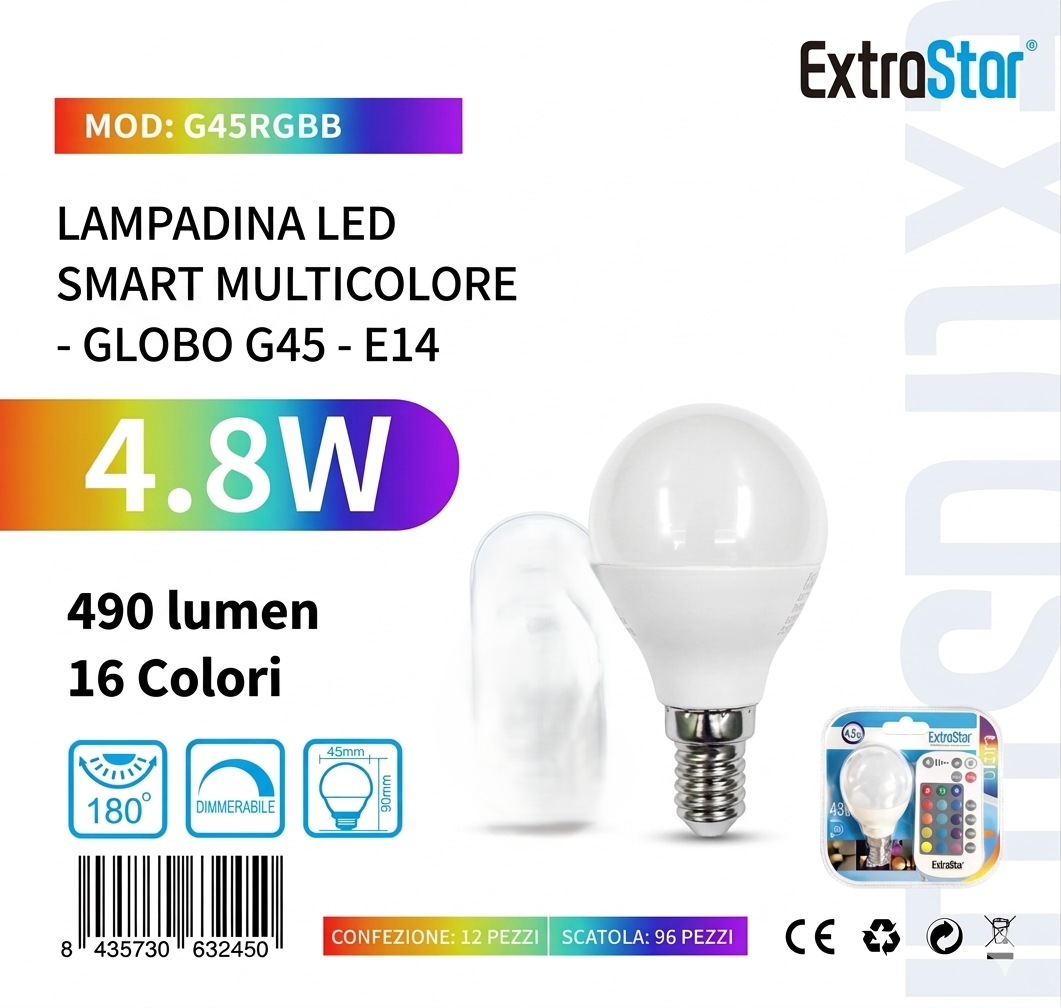 ExtraStar Lampadina LED RGB E14 4.8W con Telecomando 16 Colori G45RGBB 490 Lumen Smart Multicolore