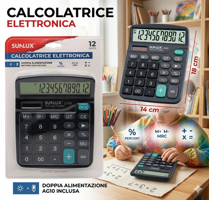 Calcolatrice da Tavolo 12 Cifre, Doppia Alimentazione (Solare e Batteria), Display Grande LCD, Tasti Grandi per Ufficio, Casa e Scuola