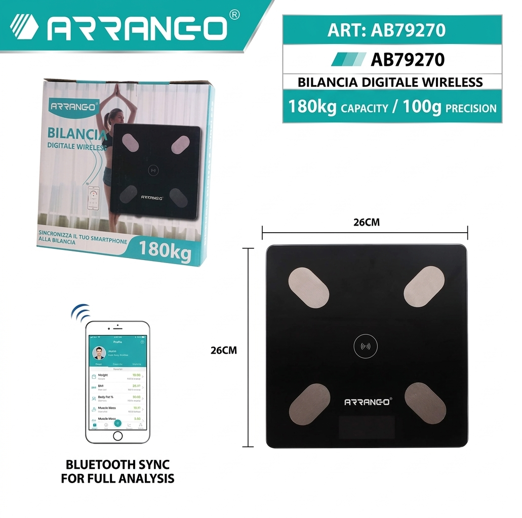Bilancia Smart in Vetro Bluetooth con Tecnologia Bluetooth e Vetro Temperato Nero Portata 180 kg Display LCD 4 Sensori Analisi Benessere Ultra Sottile 2,2 cm