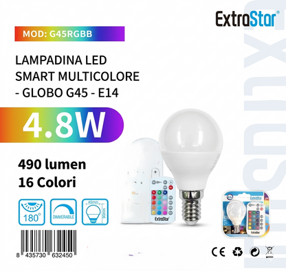 ExtraStar Lampadina LED RGB E14 4.8W con Telecomando 16 Colori G45RGBB 490 Lumen Smart Multicolore