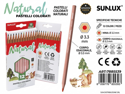Pastelli Colorati Cancellabili, 12 Colori, natural, 3.3mm  Per Bambini/Scuola