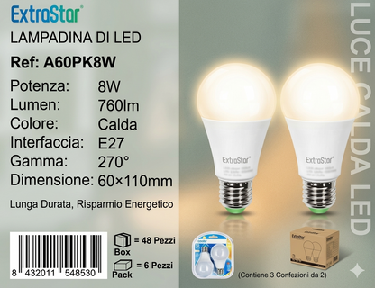 ExtraStar LED Light Bulb E27 A60 8W 2-Pack (60W Equivalent), 760 Lumens, WARM Light, 270° Beam Angle, Energy Saving