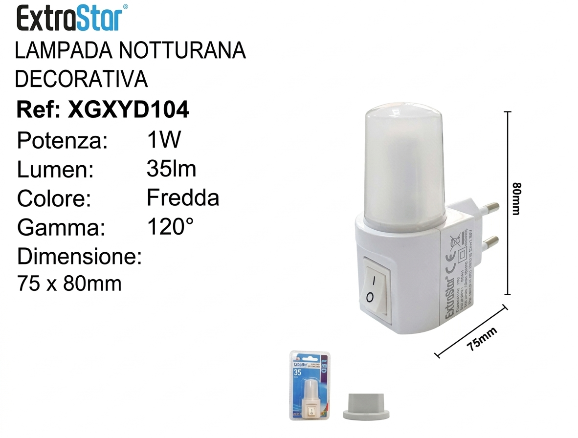 ExtraStar Lampada Notturana a LED 1W Ref:XGXYD104 Luminosità 35lm Colore Fredda Gamma 120° Ideale per Illuminazione Discreta Domestica