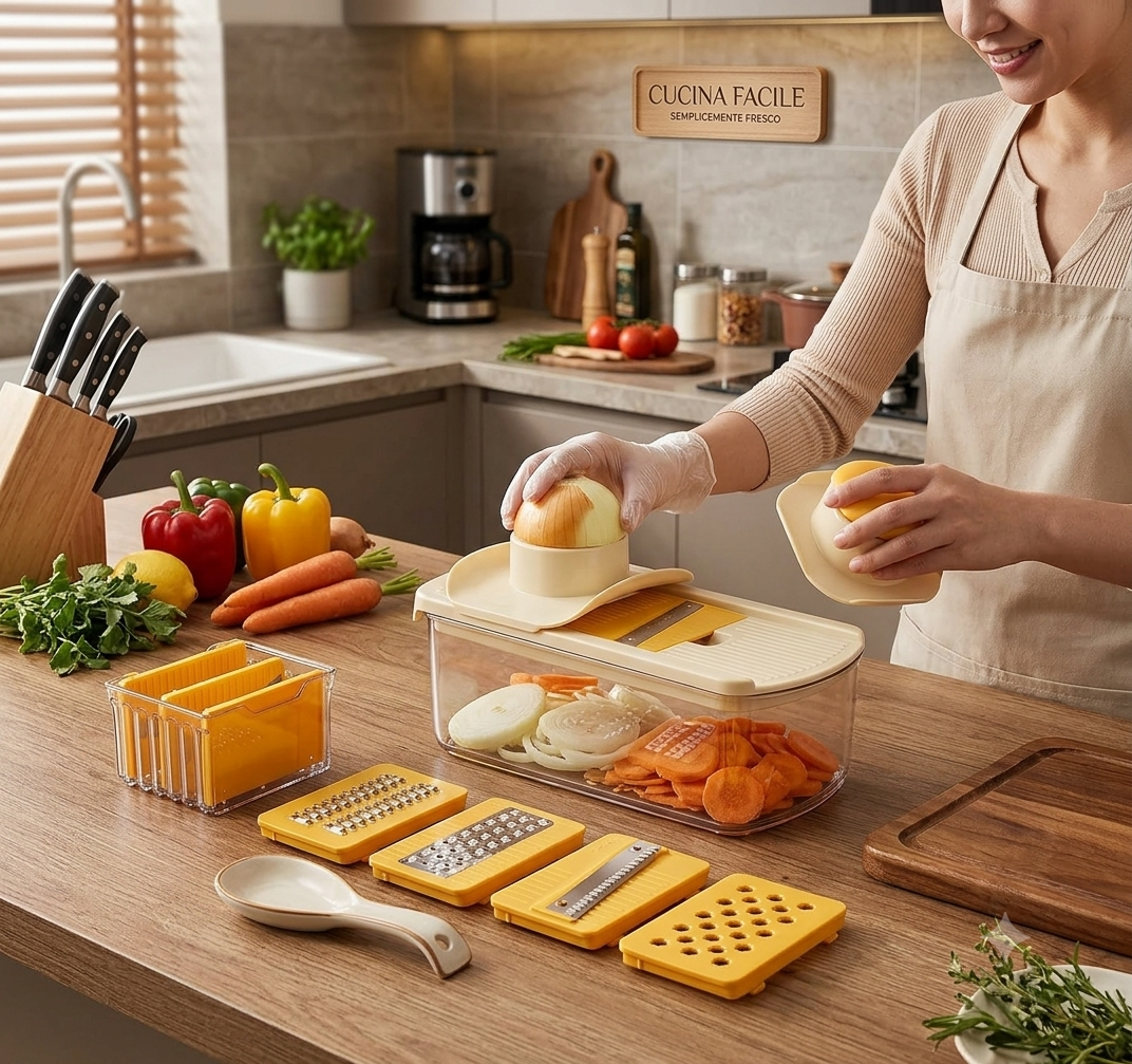 SODY Affettatrice Mandolina 6 in 1 da Cucina Modello AU003YL - Taglia Verdure e Frutta Regolabile con Salvadita e Scatola di Raccolta