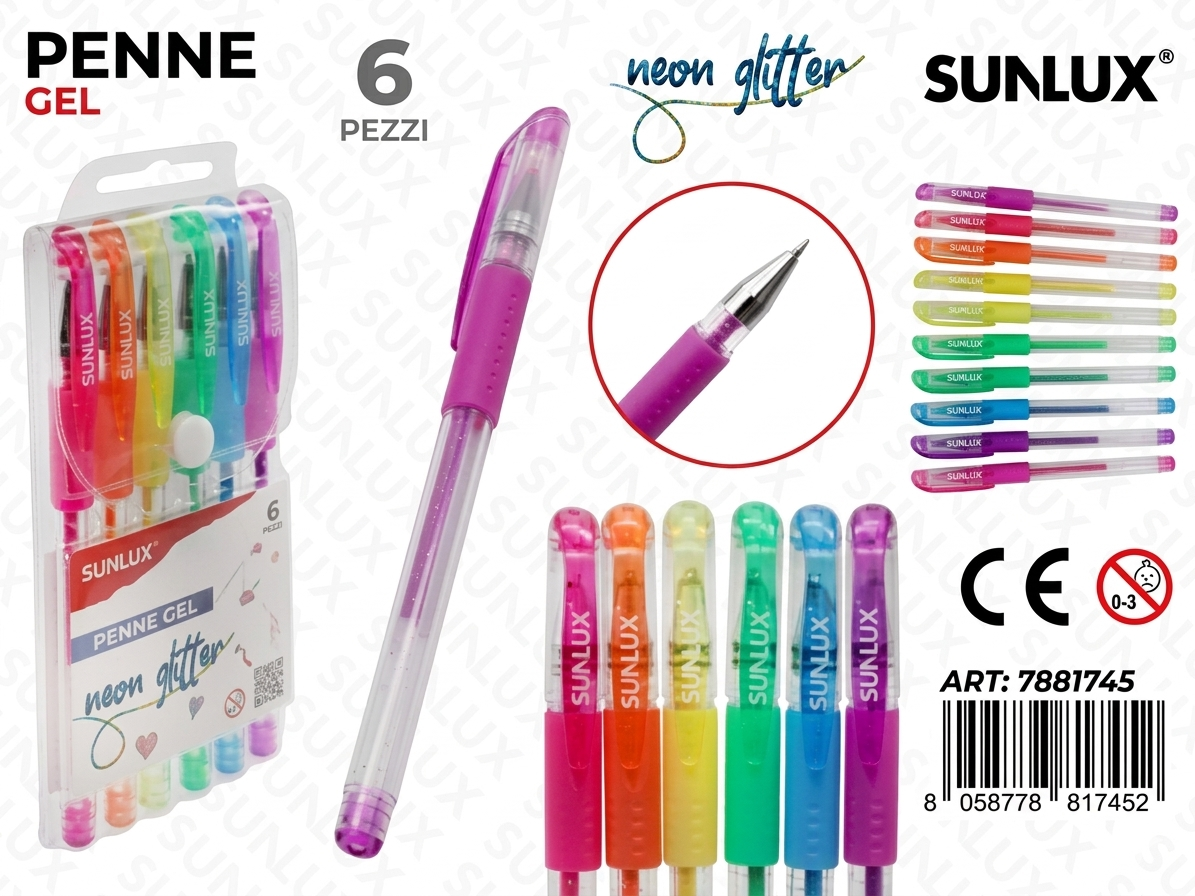 SUNLUX Penne Gel Neon Gritter 6pz Scrittura Luminosa e Distintiva Ideali per Uso Quotidiano ART 7881745