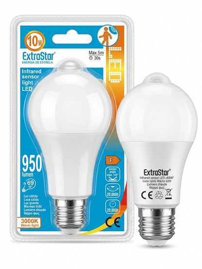 ExtraStar Lampadina LED E27 10W con Sensore di Luce CALDA 950 Lumen 3000K Luce CALDA Max 5m