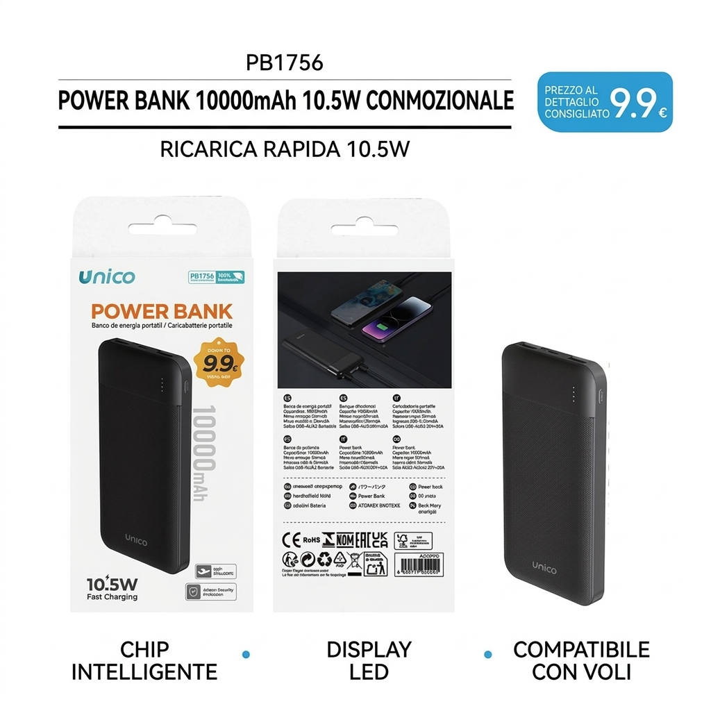 PB1756 Portable Power Bank 10000mAh, 10.5W Charging, LED Display, Smart Chip, Flight Safe, Ultra-Slim Design - PROMOTION €9.90