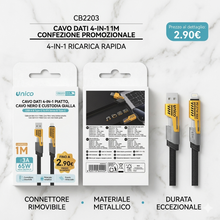 Unico CB2203 Cavo Dati 4-in-1 1M, Ricarica Rapida PD 65W, USB-A e Type-C a Lightning/Type-C, Cavo Piatto Nylon Intrecciato, Connettore Rimovibile in Metallo, Giallo e Nero