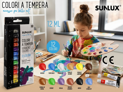 SUNLUX Set di Colori a Tempera Professionali Lavabile 12 Tubetti da 12ml Ideali per Scuola Hobby e Belle Arti Alta Qualità e Copertura Eccellente
