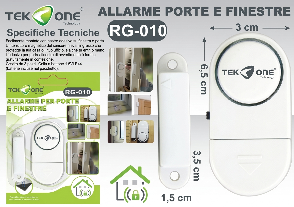Tek One Allarme per Porte e Finestre Piccolo RG-010 Tecnologia Sicurezza Domestica 3 cm Protezione Efficace e Facile da Installare