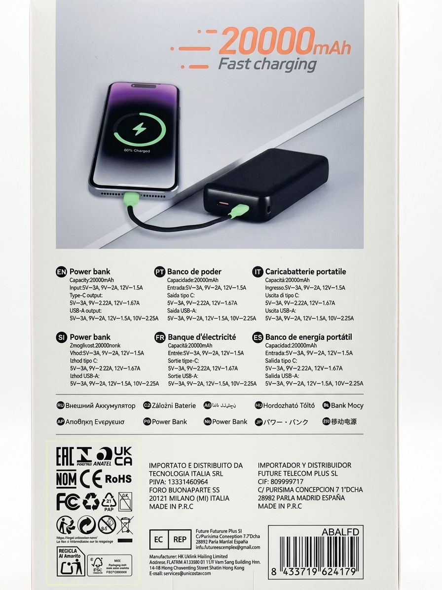 Power Bank Unico PB2241 20000mAh 22.5W Super Fast Charger - Ricarica Rapida PD20W, con Display LED, Protezione a 6 Strati e Cavo Integrato