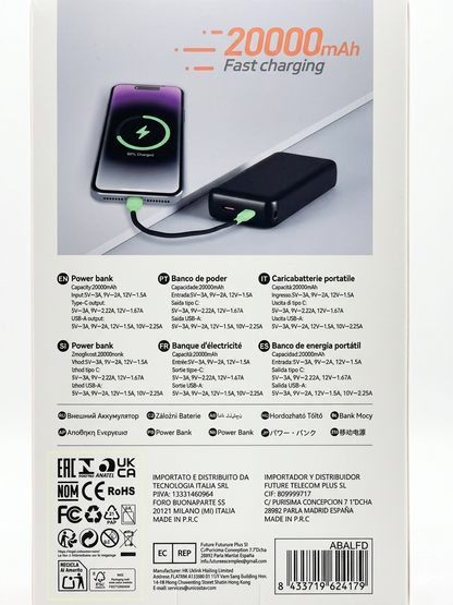 Power Bank Unico PB2241 20000mAh 22.5W Super Fast Charger - Ricarica Rapida PD20W, con Display LED, Protezione a 6 Strati e Cavo Integrato