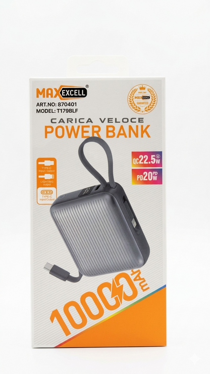 MAX EXCELL FAST CHARGE Power Bank 10000mAh 22.5W+PD 20W Fast Charging 50 Minutes Portable for Airplane with Digital Display and Built-in Lightning Cable