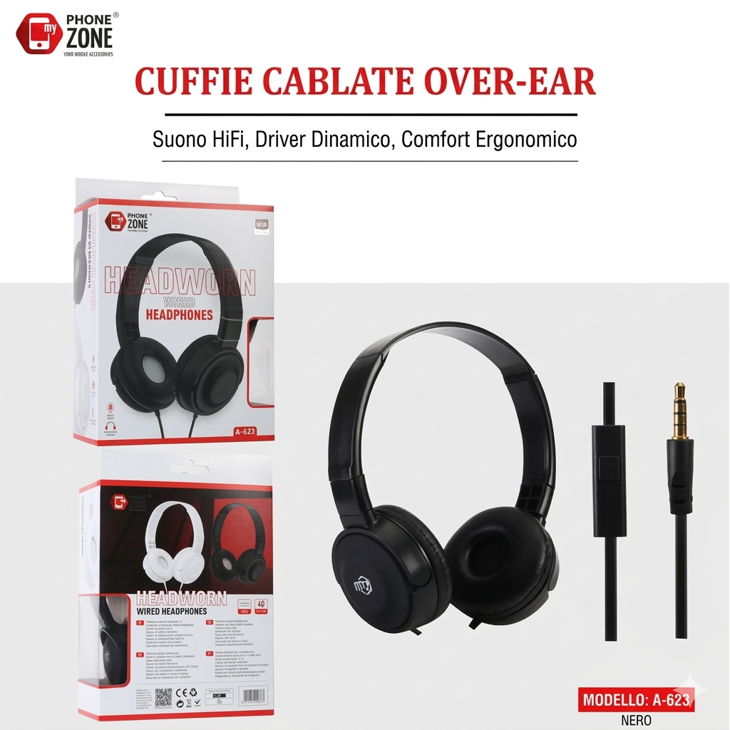PHONE ZONE Wired Over-Ear Headphones Hi-Fi Audio Built-in Microphone 3.5mm Jack Connectivity Foldable Design Model A-623 Black