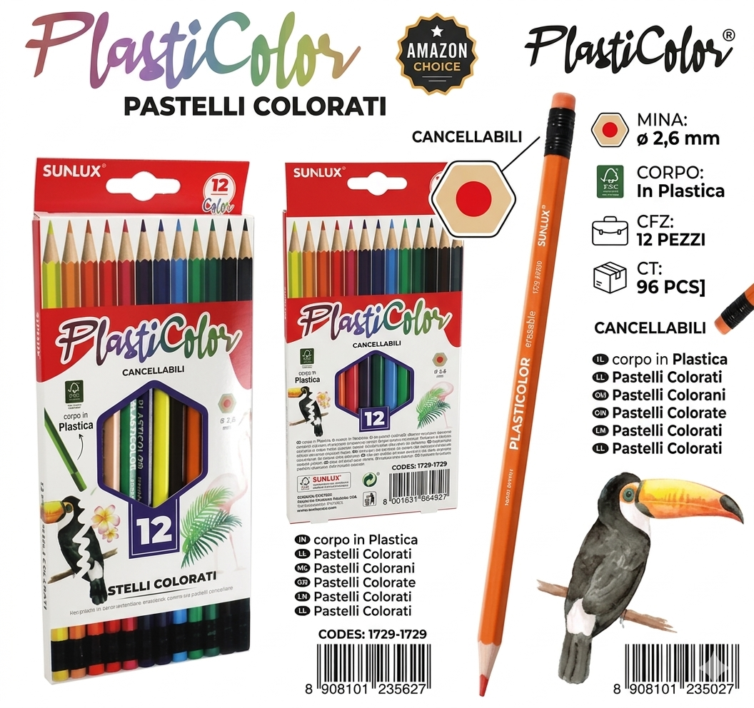 Pastelli Colorati Cancellabili, 12 Colori, In Plastica, Per Bambini/Scuola