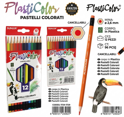 Pastelli Colorati Cancellabili, 12 Colori, In Plastica, Per Bambini/Scuola