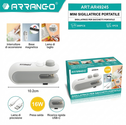 ARRANGO MINI Portable Rechargeable Bag Sealer ART49245 16W USB-C Magnetic Switch Precision Blade