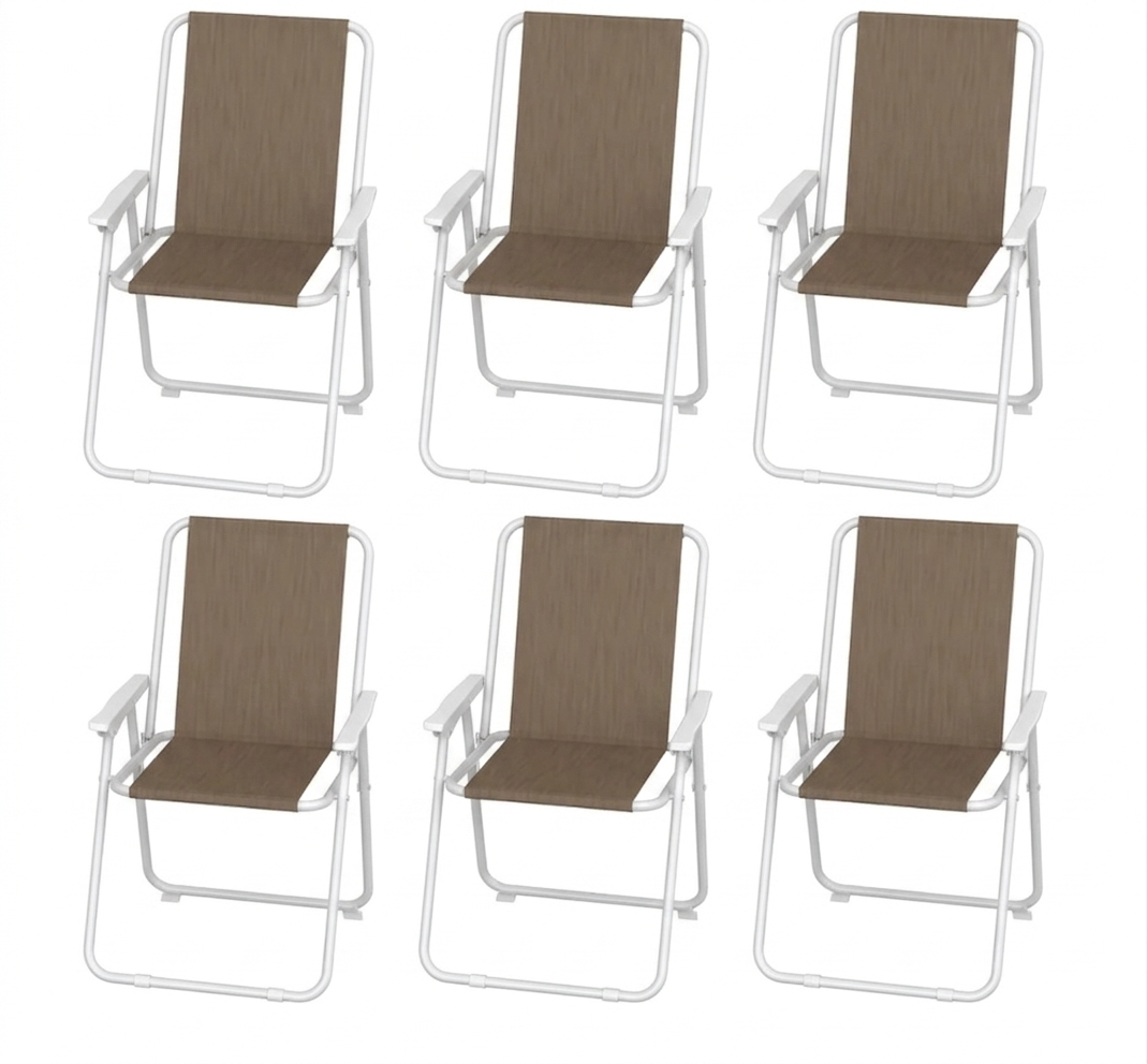 Sedia da Mare Pieghevole con Braccioli - Struttura in Metallo Bianco e Tessuto Marrone - Dimensioni: 52x48x86H cm - Capacità Massima: 100 kg - Sedia da Campeggio e Giardino Leggera e Portatile