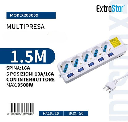 Ciabatta Multipresa a 4/5/6 Posti Spina Bipasso Schuko 10-16A con Interruttori Luminosi e Cavo 1.5m SPINA 16A per Uso Domestico