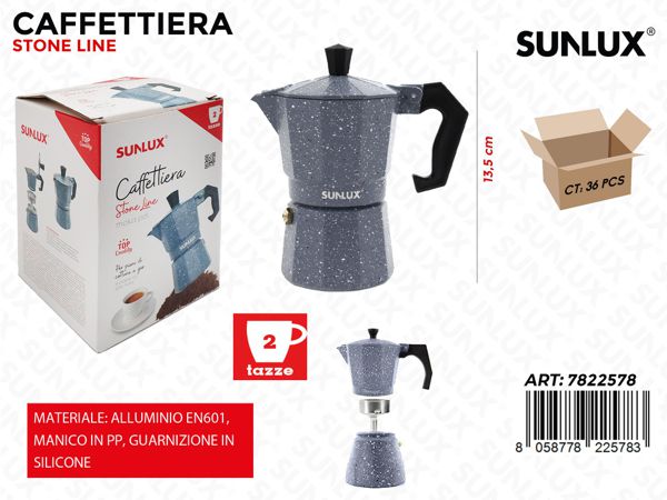Coffee Maker 1/2/3/6 Cups – Stone Effect Aluminum Moka Pot | Ergonomic Handle, Compatible with Gas and Traditional Hobs