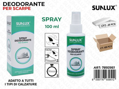 SUNLUX Spray Deodorante per Scarpe 100ml Adatto a Tutti i Tipi di Calzature Elimina Odori